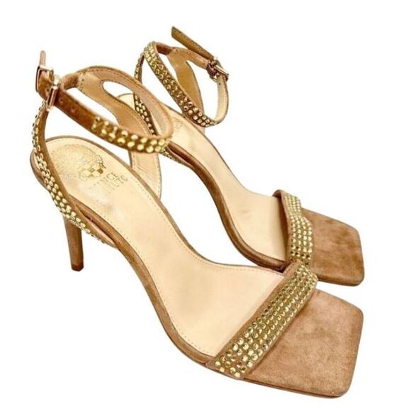 Vince Camuto Sandals Womens Size 5 Tan Leather Saprenda Rhinestone Ankle Strap - Picture 1 of 10